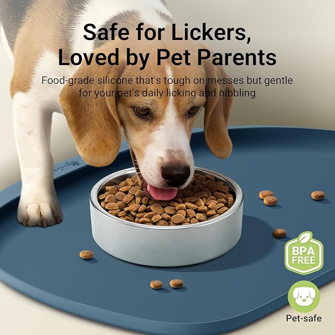 DownyPaws Dog Food Mats for Floors Waterproof, BPA Free Silicone Dog Bowl Mat, Non-Slip Pet Feeding Mat with High Raised Edge, Cat Placemat for Messy Drinkers, 24"×17", Ocean