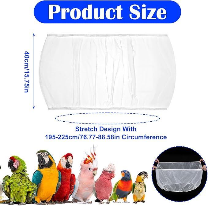 Grevosea Bird Cage Seed Catcher, Large Bird Cage Cover Stretchy Adjustable Nylon Mesh Birds Cages Net Skirt for Parrot Parakeet Macaw African Round Square Cages Accessories (White)