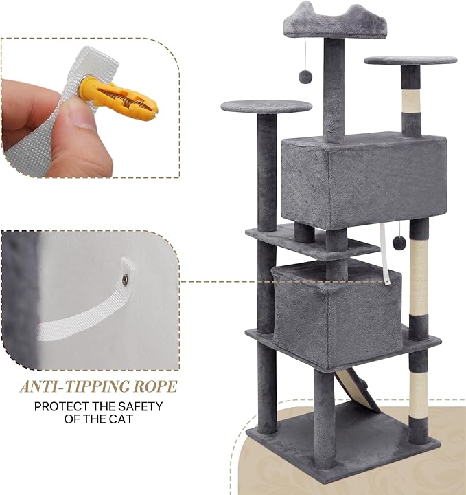Athena Collection Cat Climbing Tree - 70 Inch Indoor Cat Activity Center with Multi-Levels, Cat Condo, Scratching Post, Dangling Ball, Dark Gray
