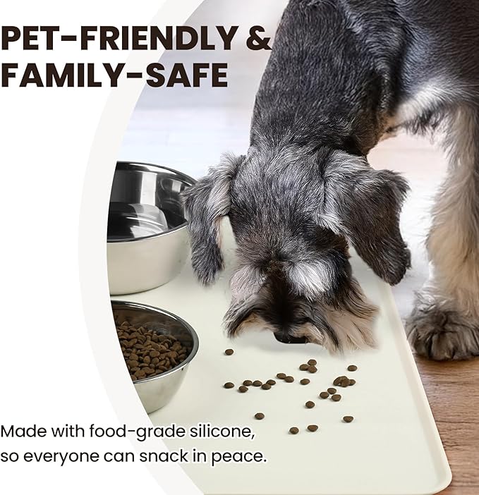 VIVAGLORY Dog Food Mat Flexmat Dog Bowl Mat, Placemat Food Tray with Raised Edges & Lip for Indoor Floor, Non Slip Waterproof Silicone Dish Placemat for Cat & Pet, S, Ivory
