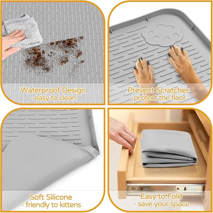 Lanstics Dog Food Mat, 40" x 28" Large Silicone Mat Dog Feeding Mat with Raised Edge Non-Slip Pet Feeding Mat for Food and Water Bowl, Easy to Clean, Floor Protection (Gray)