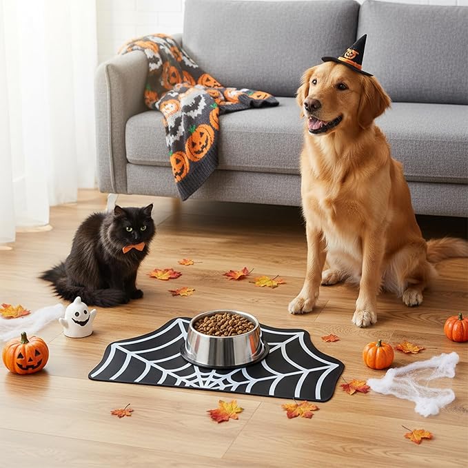Pet Mat for Food and Water, Absorbent Non-Slip Quick Dry Dog Food Mat for Dog Cat Bowl Indoor Outdoor Pet Dining Gift Halloween Decorations (15.74 * 23.62In, Spider)