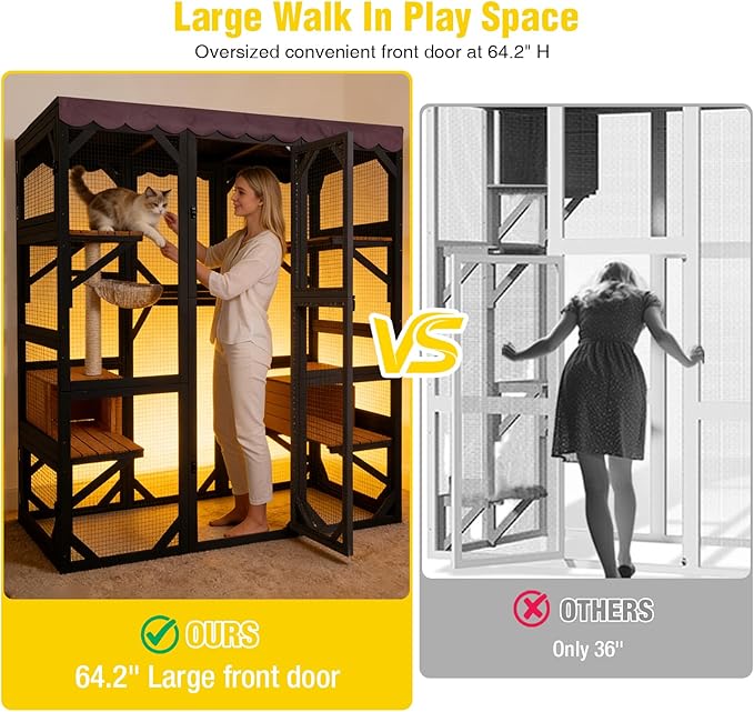 Aivituvin Catio Outdoor Cat Enclosure with Scratch Post, Hammock, Large Window Cat House for 2-6 Mulitiple Cats Walk in Kitty Cage with Tarp Roof 70" Black