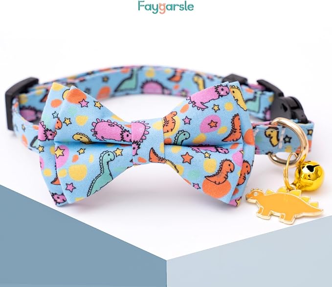 Faygarsle 2 Pack Cat Collar with Bell Breakaway Bowtie for Male Female Cats Soft Fancy Blue Green Dinosaurs Pattern Spring Summer Cat Collar for Boy Girl Cats