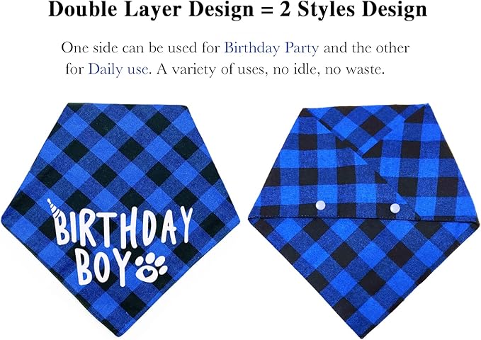 Birthday Plaid Dog Bandana with Button, Fall Dual Layer Soft Cotton Triangle Dog Scarf Kerchief Washable Girl Boy Puppy Bandanas Adjustable Accessories for Small Medium Large Extra Large Pet