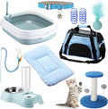 Eccliy Kitten Starter Kit, 10 Pcs Cat Starter Kit for Indoor Cats Kitten Essentials Includes Litter Box, Pet Toy, Folding Carrier, Climbing Frame, Mat, Collar, Automatic Food Bow(Classic,Blue)