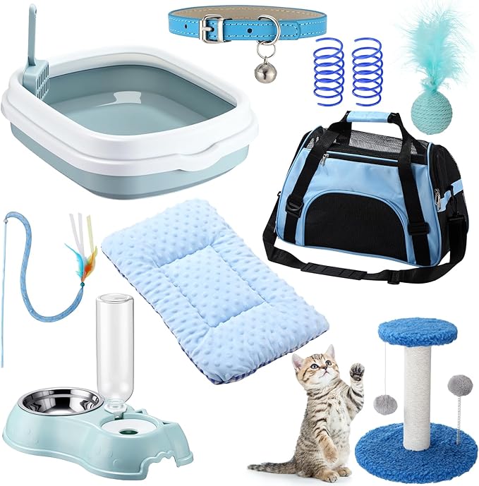 Eccliy Kitten Starter Kit, 10 Pcs Cat Starter Kit for Indoor Cats Kitten Essentials Includes Litter Box, Pet Toy, Folding Carrier, Climbing Frame, Mat, Collar, Automatic Food Bow(Classic,Blue)