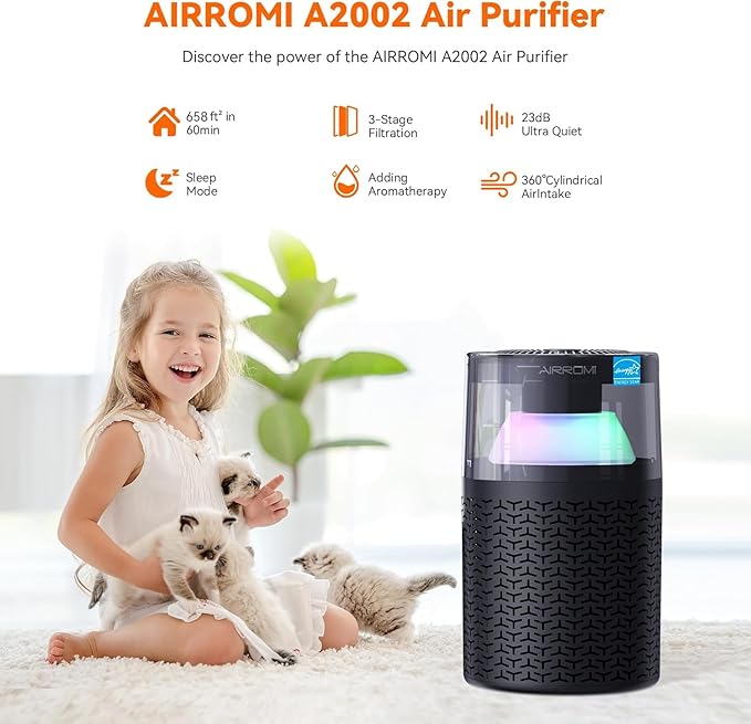 AIRROMI Pet Air Purifier for Home & Bedroom, HEPA Activated Carbon Filter, Removes Pet Dander & Odor, Allergies, Smoke, Hair, Night Light, Fragrance Sponge, Up to 658 ft², A2002 Black