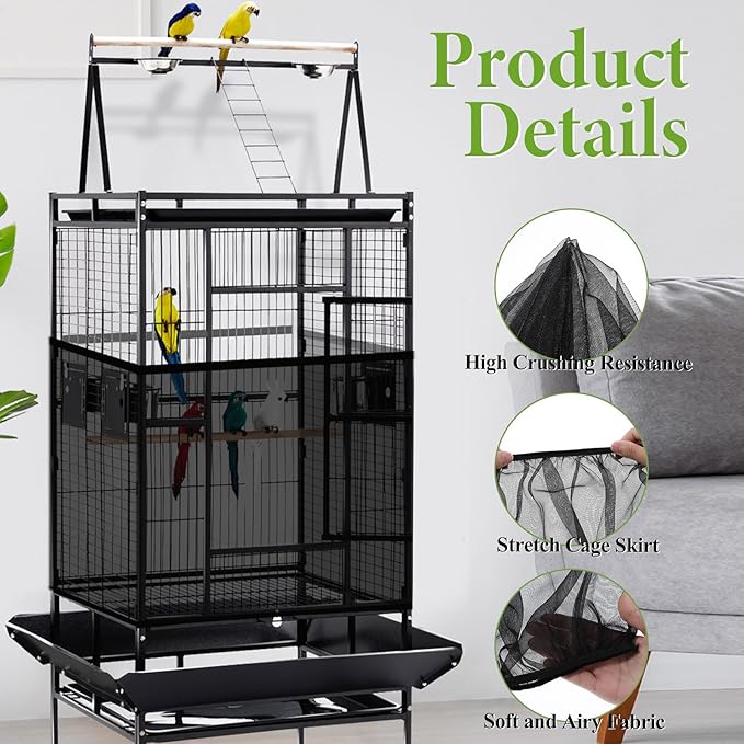 Bird Cage Seed Catcher, Bird Cage Net, Large Stretchy Form Fitting Mesh Skirt Cover, Adjustable Soft Airy Nylon Mesh Net, Birdcage Cover Skirt Seed Guard for Parrot Parakeet Macaw (Black)