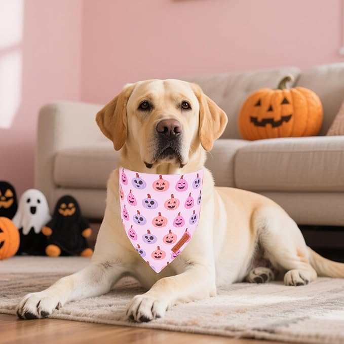 ADOGGYGO Pink Halloween Dog Bandanas 2 Pack, Reversible Ghost Pumpkin Scarf Bib, Adjustable Fit Pink Halloween Bandana for Extra Large Dogs Girl (X-Large)