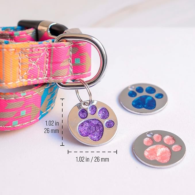 Paw Shape Dog ID Tag Stainless Steel Custom Laser Engraved, Cute Bling Glitter Pet Name Tags Personalized with Durable Engraving (Silver Round Paw)