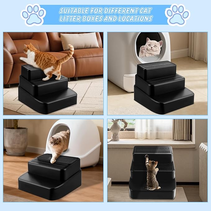 Adjustable 3 Steps Litter Box Ramp, Litter Box Step with Filter Function, Easy to Clean Cat Litter Stair Catcher for Older Cats and Small Cats (Black)