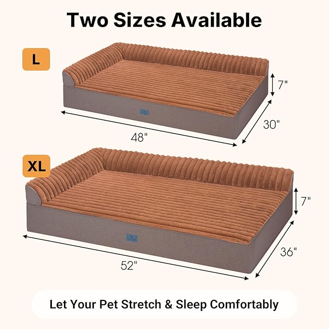 Veehoo Orthopedic Dog Bed for Large Senior Dogs, 7 Inch Thick XXL Memory Foam Dog Bed with L Shaped Bolsters, Orthopedic Pet Couch with Waterproof Liner & Removable Washable Cover, 52"x36"x7"