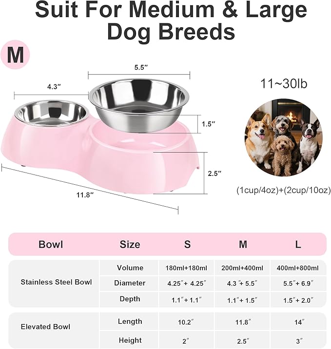 Double Dog Bowls Set – Non-Slip Pet Food & Water Dishes with Resin Stand, Includes Small (1 Cup) & Medium (2 Cups) Bowls – Ideal for Puppies and Cats– Pink