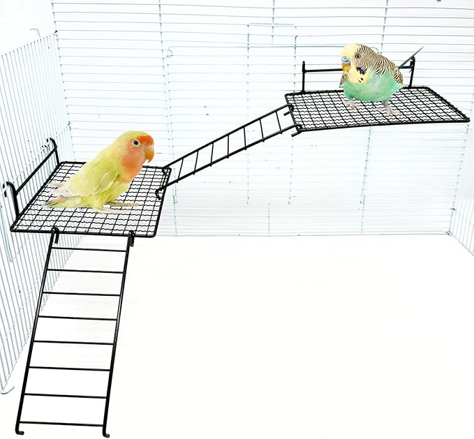 BNOSDM Stainless Steel Grid Platform for Parakeet 4 PCS Bird Perches Platform Parrot Stand with Climbing Ladder Bird Cage Accessories for Small to Large Birds (L)