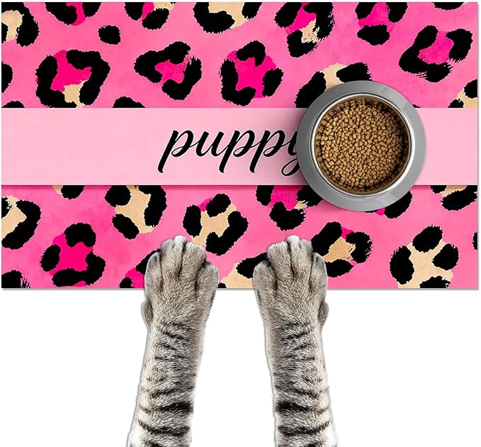 Puppy Feeding Mat 24x16 inch Hot Pink Leopard Print Pet Bowl Placemat Non Slip Floor Mat for Food and Water Indoor Dog Feeding Station Cute Meal Pad for Small Pets Kitchen Use