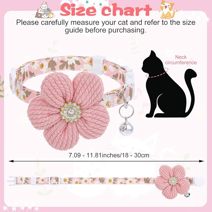 Cat Collars Breakaway Cat Collar with Bells, Rhinestone Flower Kitten Collars with Bell, Floral Pet Collar and Safety Buckle for Cats and Puppy Dog, 7.09-11.81inch (Pink)