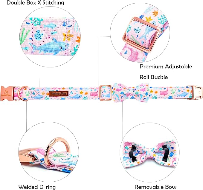 Lionheart glory Dog Bow Collar Sea Animals Print Pink Dog Collar for X-Small Dogs,Female Male Dog Collars with Bowtie Spring Summer Collars Soft Adjustable Pet Collar Bows