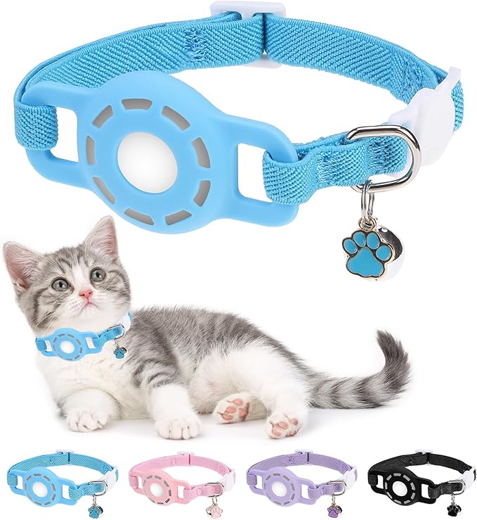 Airtag Cat Collar Breakaway, Stretchy Cat Tracker Collar with Apple Air Tag Holder for Boy Girl Cats, Elastic GPS Tracking Collars for Kittens and Puppies, Adjustable 9"-12" Blue