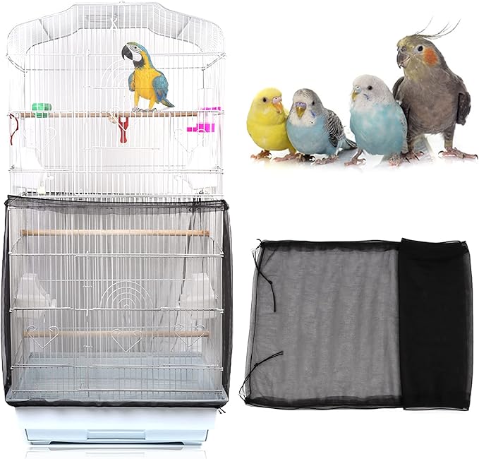 Daoeny Universal Bird Cage Cover, Adjustable Parrot Nylon Airy Soft Mesh Net, Seed Feather Catcher, Birdcage Cover Skirt Sheer Guard for Parakeet Macaw Round Square Cages (Black)