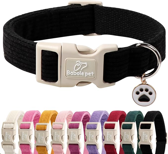 Cute Corduroy Dog Collar - Black Adjustable Dog Collars for X-Large Dogs 80+lbs, Fade-Proof with Secure Snap & Little Charm, Christmas Birthday Gift, XL
