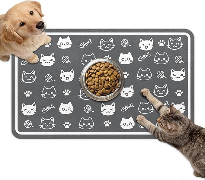 Dog Food Mat for Bowls, Absorbent Quick Dry Dog Cat Mats for Food and Water, Non-Slip Backing Pet Mat Pet Supplies - Cute Cat Pattern