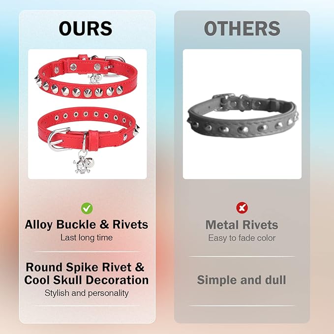 Leather Cat Collars for Boy Girl Cats with Bell and Safety Elastic Belt, Personalized Rivets Stud Adjustable Safe Buckle Collar with Skull Charm for Kitty Small Pets, Red 7"-9"