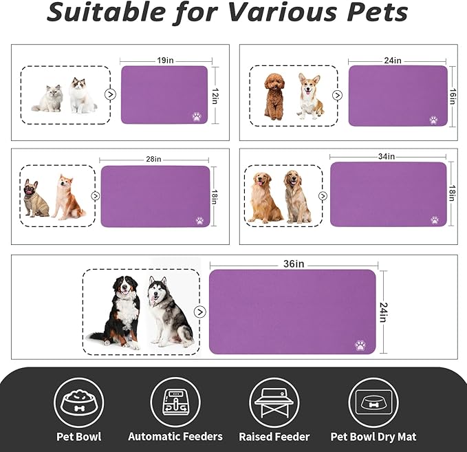 Dog Food Mat - Absorbent Cat Mat for Food and Water, No Stains Pet Feeding Bowl Mat, Easy to Clean Pet Placemats, Quick Dry Dog Water Dispenser Mat for Messy Drinkers | Paw Purple 12"x 19"