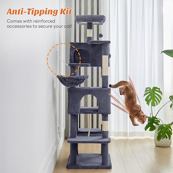 Large Cat Tree 66 Inch, Multi-Level Tall Cat Tree Tower with Condo, Perches, Sisal Scratching Posts and Hammock, Pet Play House with Dangling Balls for Indoor Cats, Dark Grey