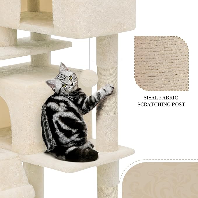 Athena Collection Cat Tree, 70 Inch Cat Tree Tower for Indoor Cats, Multi-Level Cat Tower House Activity Center with 2 Cat Condo & Scratching Post & Dangling Ball, Tall Cat Climbing Tower, Beige