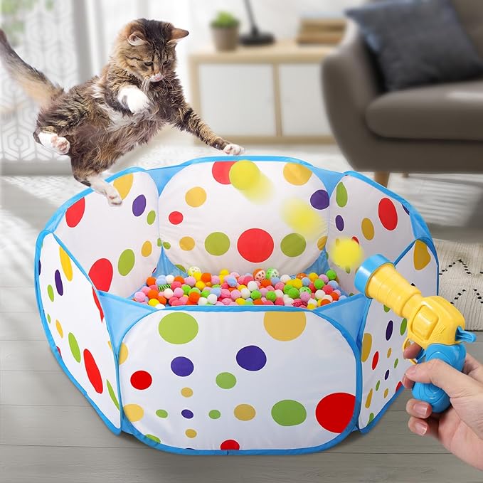 Palksky Interactive Cat Toys with Cat Ball Pit, Toy Balls, Ball Launcher, Spring Toys for Bored Indoor Cats Self Play, Enrichment Toy for Fun and Exercise