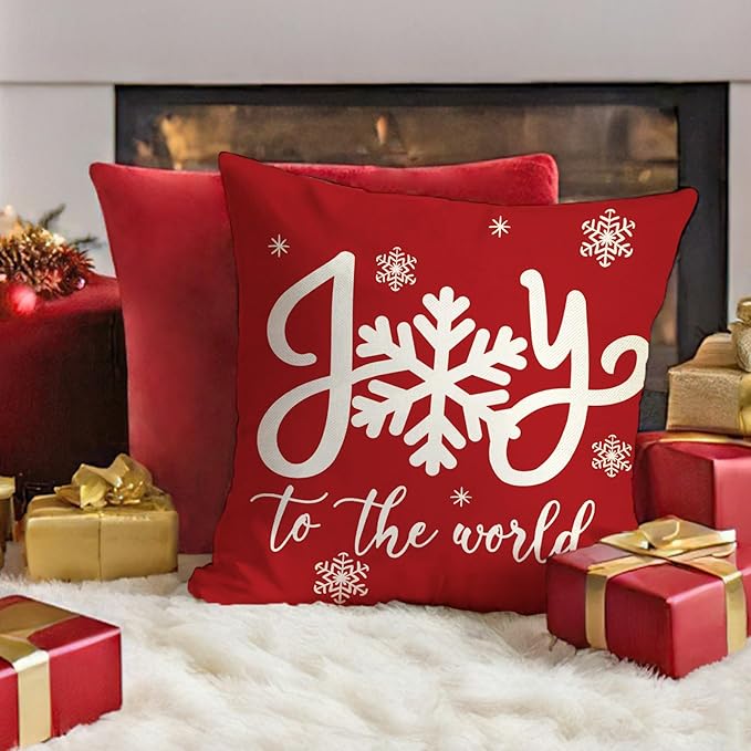 Fahrendom Merry Christmas Decorative Throw Pillow Covers 18 x 18 Set of 4, Xmas Tree Truck Joy to The World Porch Patio Outdoor Pillowcase, Winter Holiday Snowflake Sofa Couch Cushion Case Home Decor