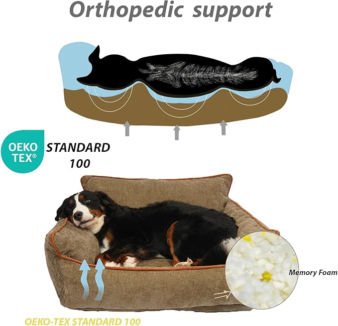 Orthopedic Dog Bed with Memory Foam, Washable Plush Pet Bed for Small, Medium & Large Dogs, Cozy Bolster Crate Dog Bed for Joint Support & Comfort.(Brown)