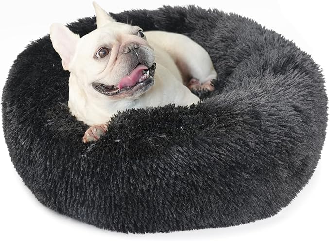 Calming Donut Dogs Beds for Small Dogs Washable,23inch Plush Round Pet Bed for Cozy Sleep,Fluffy Faux Fur Large Cat Bed,Fits up to 25 lbs Pets,Black