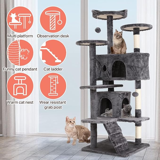 54in Cat Tree Cat Climbing Tower with Scratching Post, Cats House Perch Kitten Tree Condo Wood Playhouse, Pet Trees Tower for Indoor Cats, ASHY