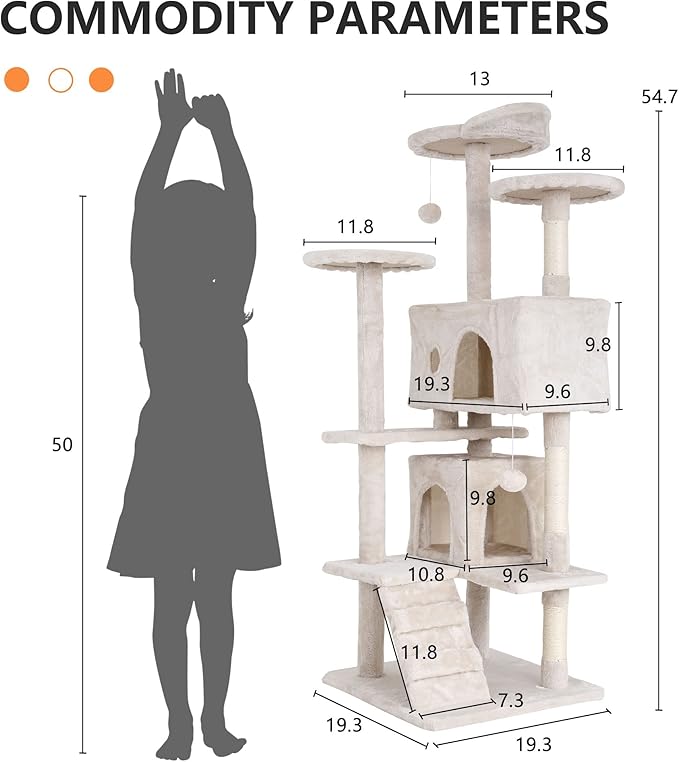 Cat Tree for Indoor Cats, Multi-Level Cat Tower with Scratching Posts & Cozy Condo, Space Saving Cat Activity Center, Durable Pet Play House (54in,Beige)