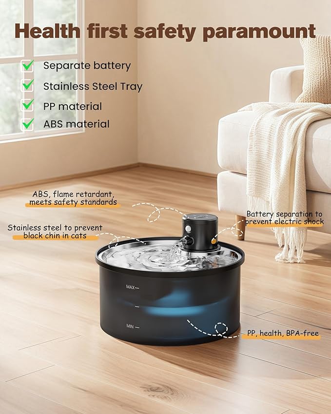 Wireless Cat Water Fountain Cordless: 108oz/3.2L Battery Operated Pet Fountain with Stainless Steel Water Tray + Plastic Barrel (Cat Fountains with 8 Filters & 8 Sponges)