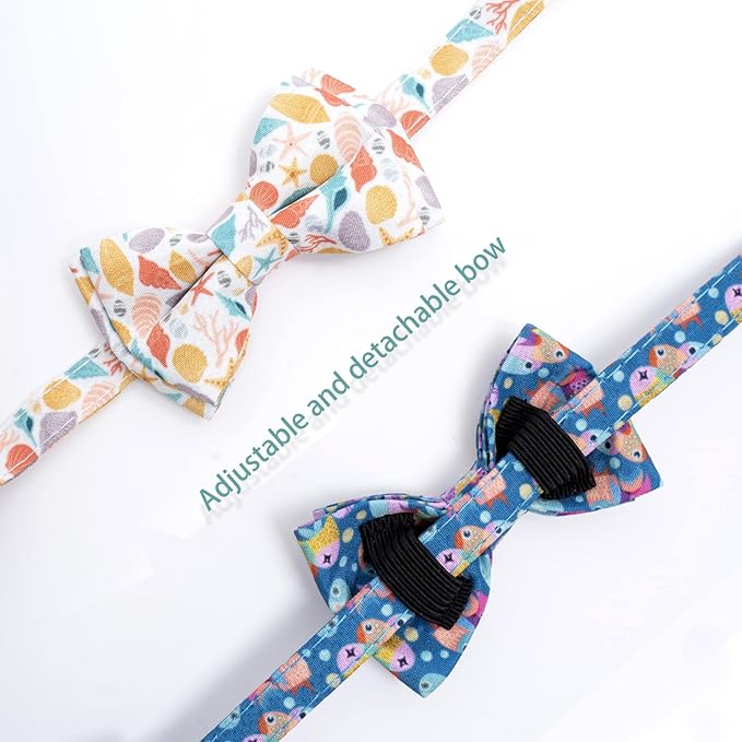 Faygarsle 2 Pack Cotton Designer Breakaway Cats Collar with Bow Tie and Bell Marine Theme Cat Collars for Girl Female Boy Male Cat Collar with Bell Fish Collars for Cats Collar Shell Pattern