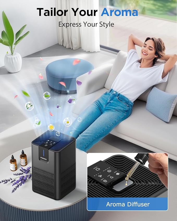 Air Purifiers for Home Large Room 1250 Ft²,MOOKA H13 HEPA Air Purifier for Pets Dust Odor Smoke,Aromatherapy Function,Air Cleaner with 15dB Quiet Sleep Mode for Bedroom Office Living Room,M05,Black