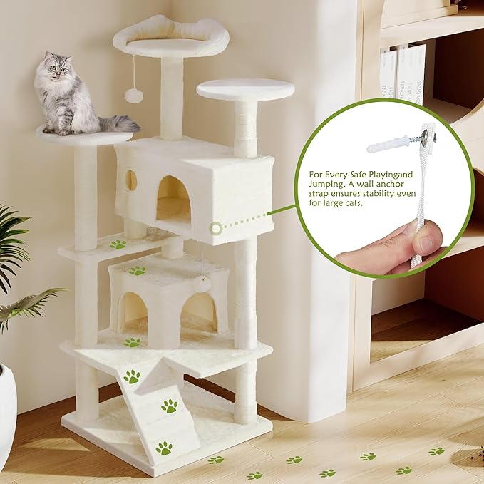54 Inches Cat Tower Condo Furniture, Cat Tree Tower for Indoor Cats, Cozy Hammock and Sisal Scratching Posts, Multi-Level Durable Cat Scratch Post for Kittens Pet House Play, Detachable, Beige
