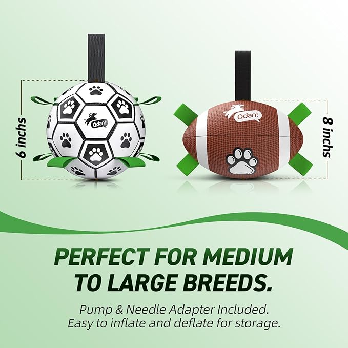 QDAN Dog Soccer Ball Football Set - 2 PCS Dog Balls with Strap for Tug of War, Soccer Ball Football Toys for Small Medium Large Dogs, Herding Ball for Dogs, Dog Birthday Toy