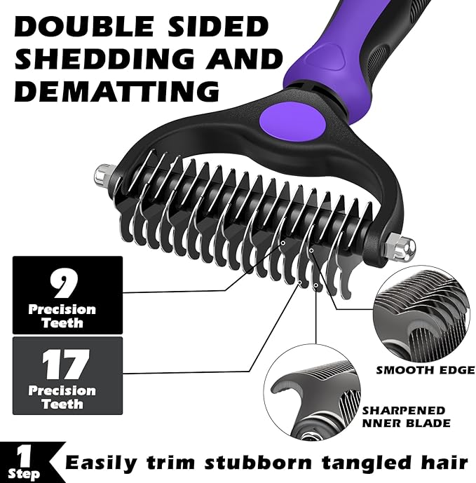 3PCS Self Cleaning Slicker Brush & Pet Grooming Rake & Flea Comb for Dogs,Cats and Horses | Double-Sided Dematting Comb & Skin Friendly Deshedding Grooming Tool | Premium Pet Supplies (Purple Black)