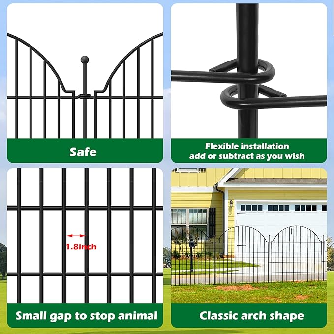 10 Panels No Dig Decorative Outdoor Garden Fence, 24in (H) x20ft (L) Animal Barrier Fencing for Dog, Arched Flower Bed Edging, Rustproof Metal Wire Panel Border with Temporary Ground Stakes