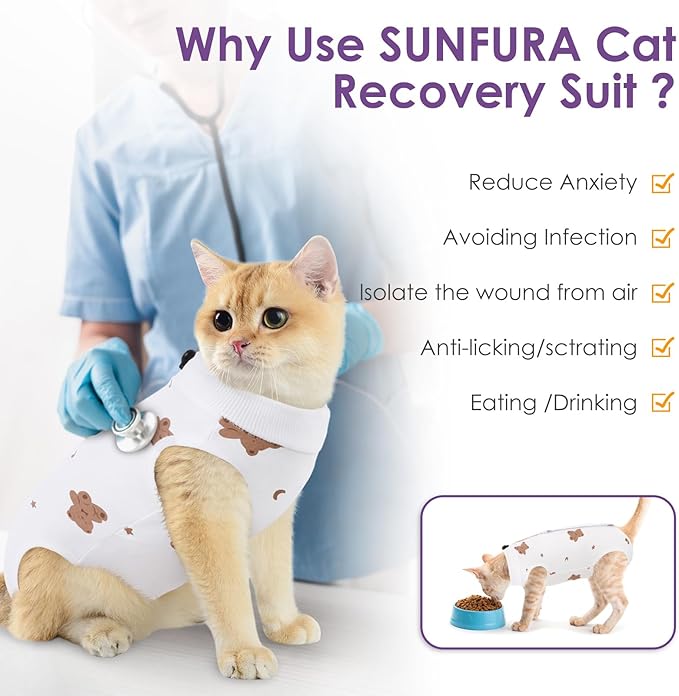 SUNFURA Cat Recovery Suit, Kitten Surgical Full Bodysuit for Abdominal Wound Protector Anti Licking After Surgery, Professional Bandages Cone E-Collar Alternative for Small Male & Female Pets