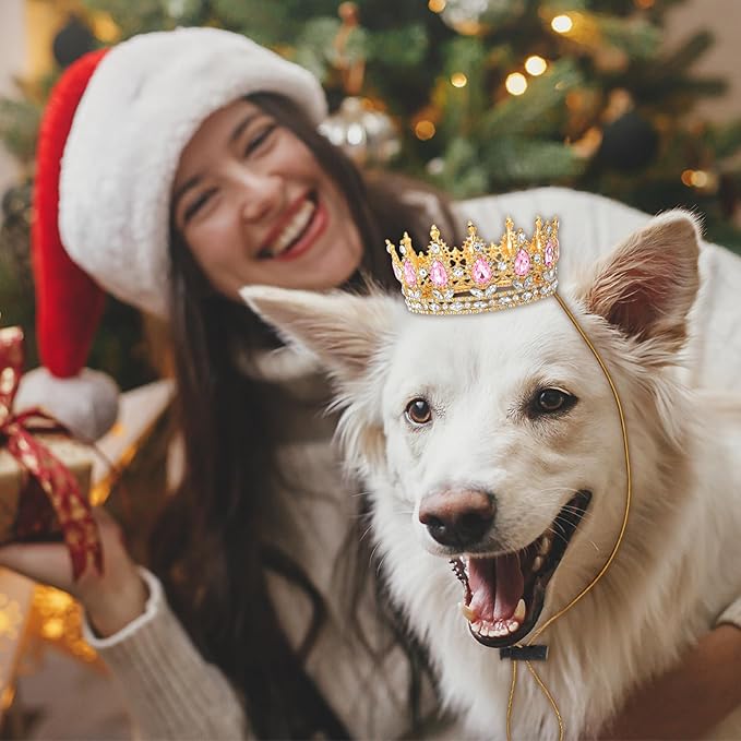 Abbylike Pet Rhinestone King Crown, Queen Crown for Birthday New Year Costume for Small Dog Cat Cosplay Party Accessories Adoption Celebration Wedding Birthday Photos Prop Costume(Pink,Medium)