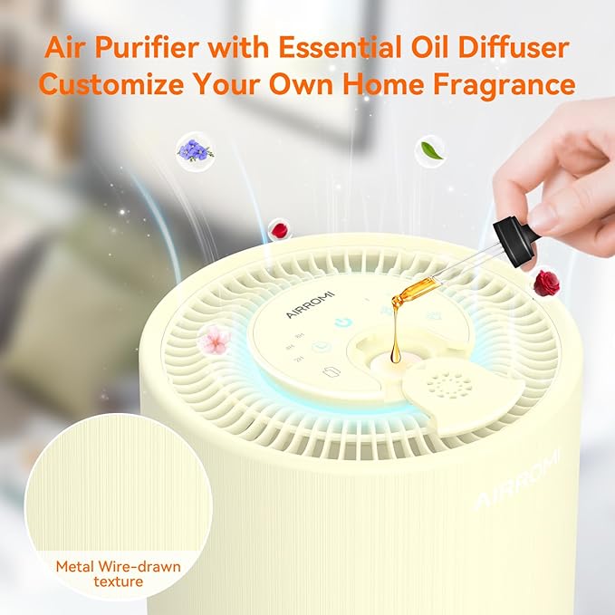 AIRROMI Air Purifier for Bedroom with HEPA Fet Filters, Pet Air Purifiers for Home Cat Pee Smell, Covers Up to 990Ft², Quiet 360° intake Air Cleaner for Allergies Dust Smoke Odor A2001 Yellow