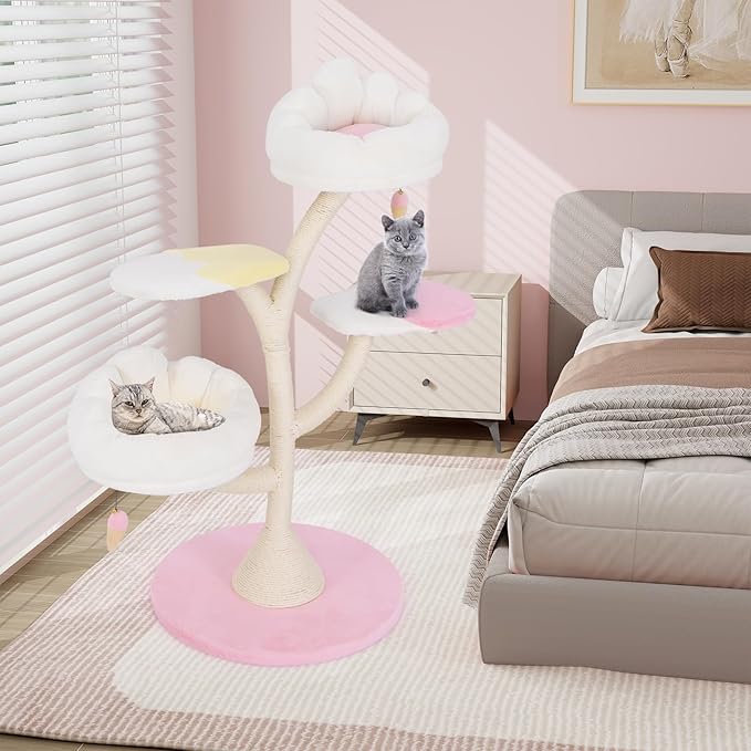 Tangkula 48.5 Inch Cute Cat Tree, Multi-Layer Cat Tower with Sisal Covered Scratching Posts, 2 Padded Perches, 2 Platforms, Ice Cream-Shaped Dangling Balls, Cat Activity Center for Indoor Cats