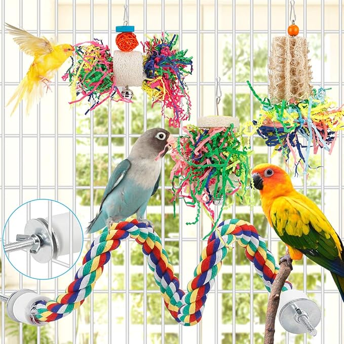 Foraging Bird Toys - Shredding Parakeet Toys with Rope Perch for Conure, Cockatiel, Budgies, Lovebird, Parrotlet