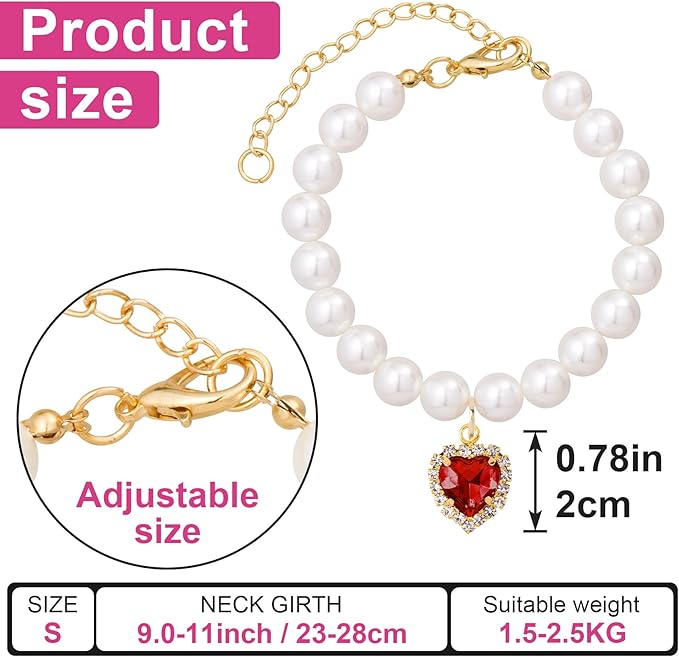 2pcs Cat Pearl Collar with Heart Pendant, Cute Pearl Pet Necklace in Small, Adjustable Wedding Party Small Dog Jewelry Accessories for Puppy Kitten- White & Red