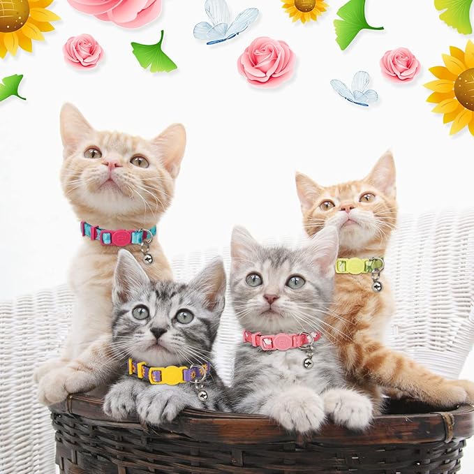 azuza 4 Pack Breakaway Cat Collar with Bell, Quick Release Safe Buckle Adjustable Cat Collars, Floral Print Rose/Ginkgo/Sunflower/Butterfly